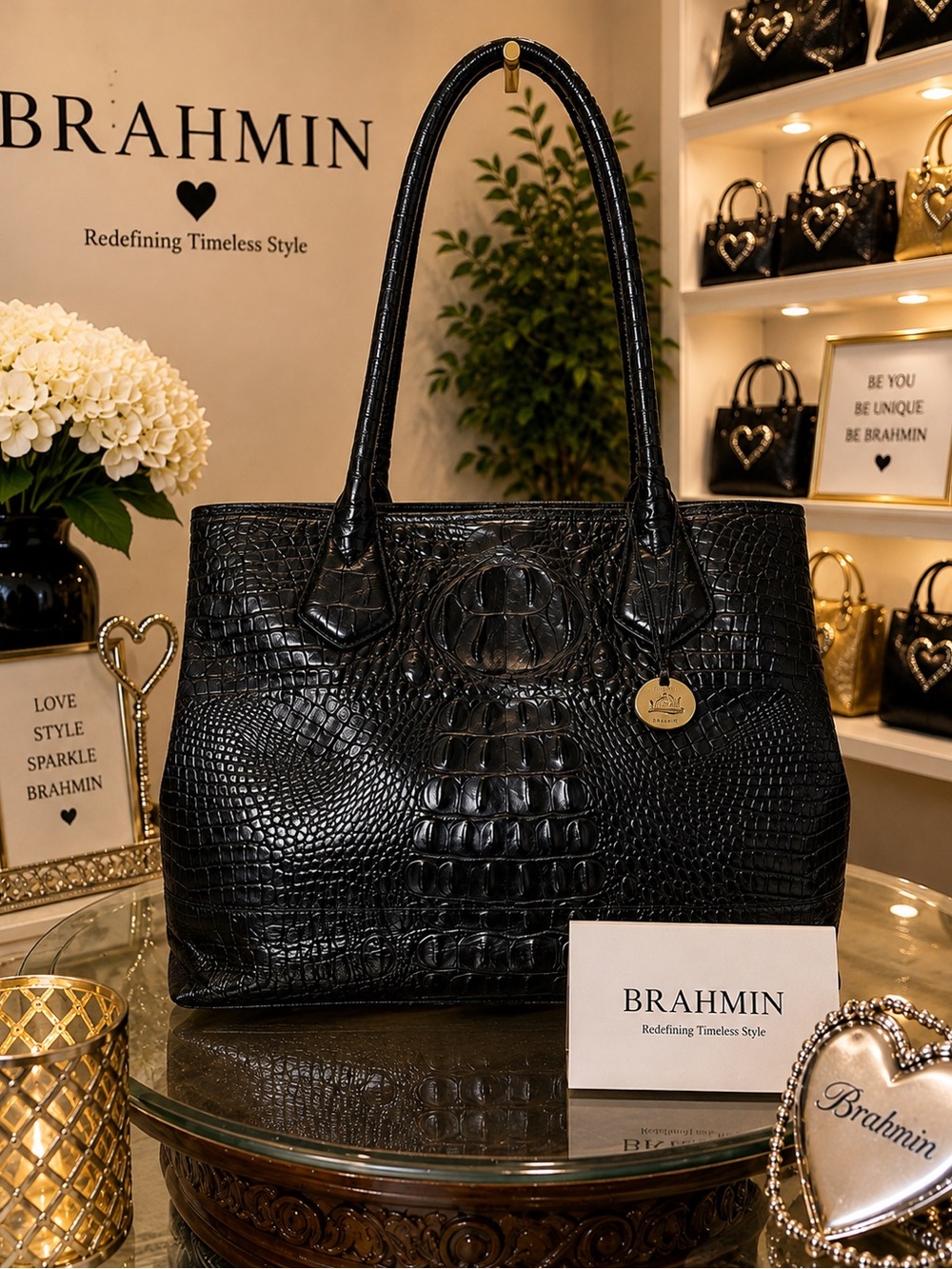 Brahmin Black & Cream Snake-Print calf hair Tote with Croc-Trim - Picture 4 of 7